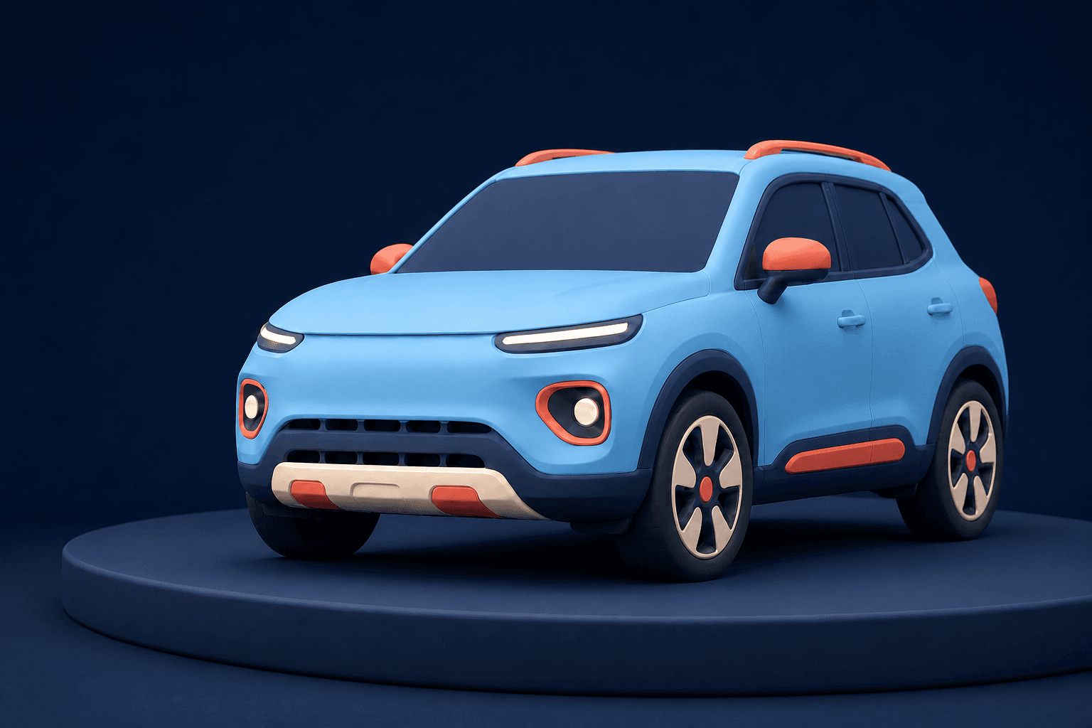 Clay-style blue crossover on a navy studio platform