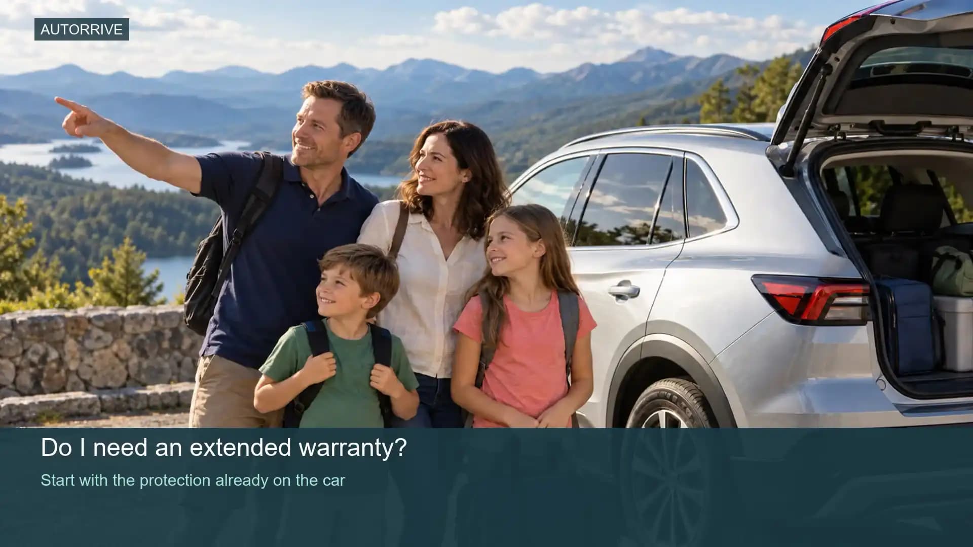 Father pointing out mountain scenery while his family enjoys their vacation