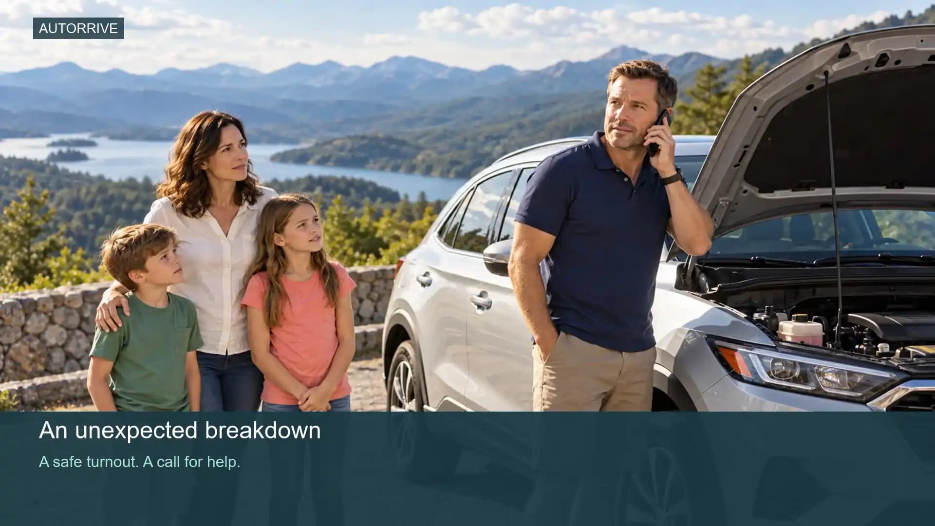 Family safely waiting beside a disabled car