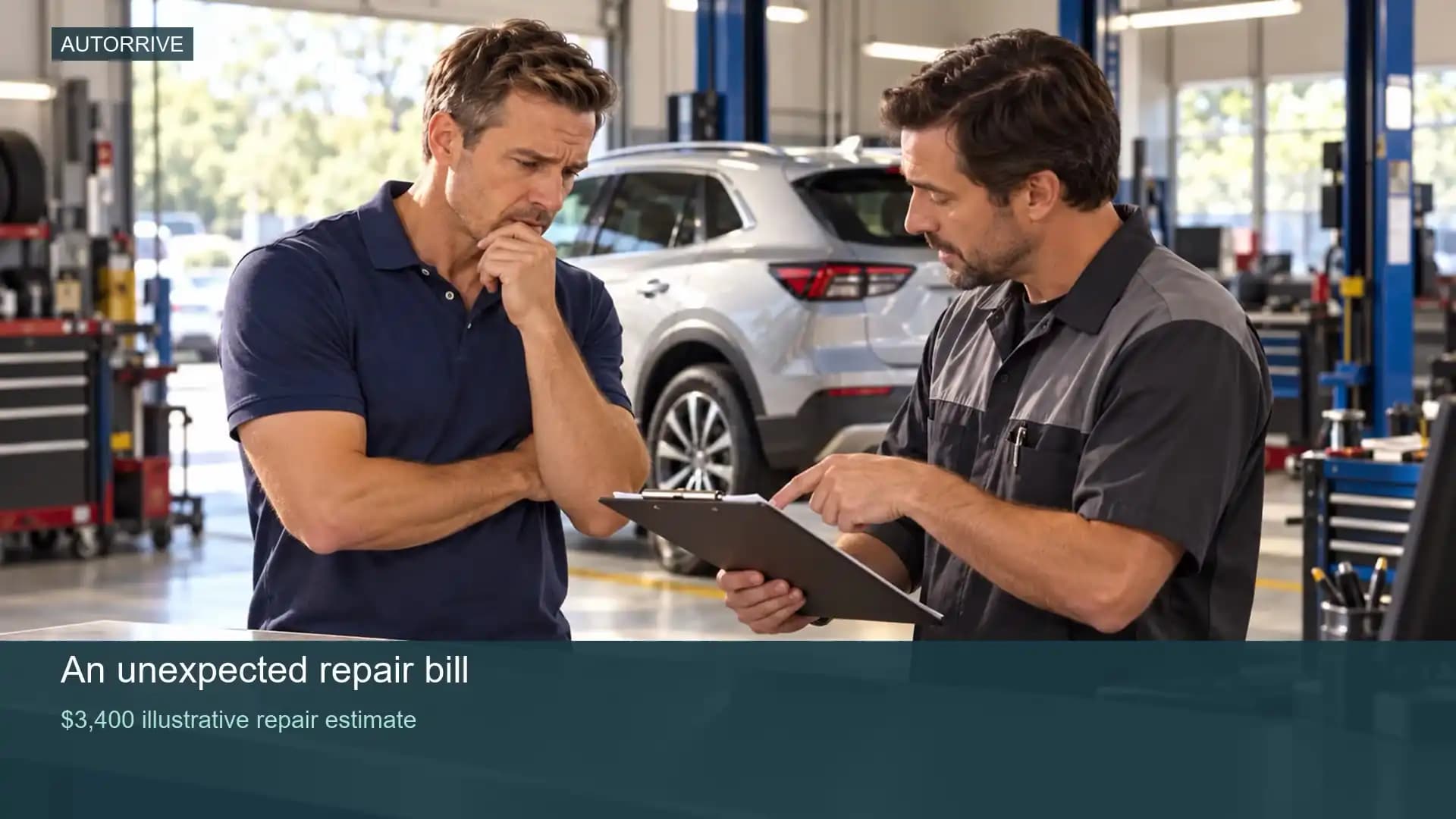 Father reviewing a repair estimate with a mechanic