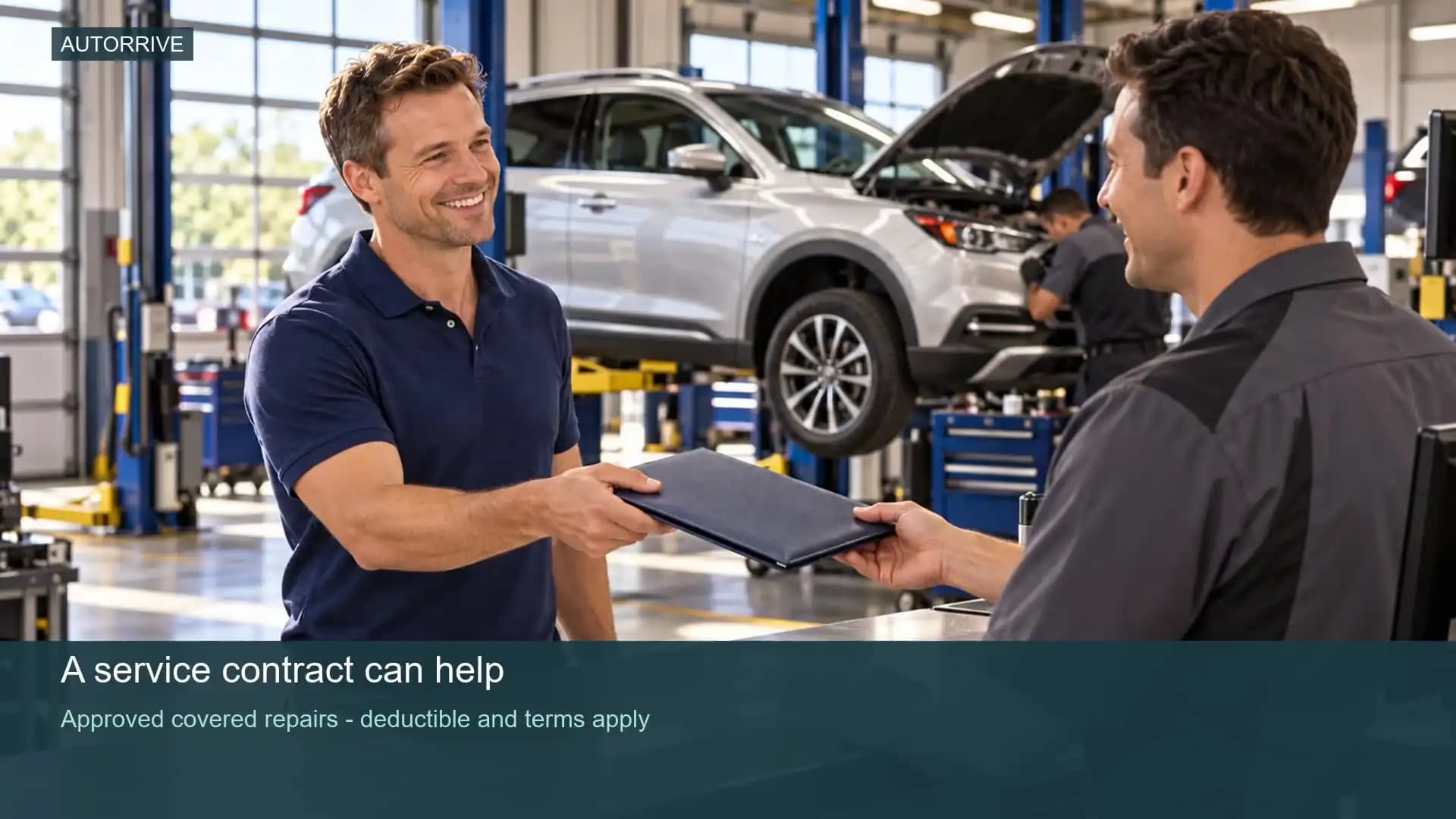 Father presenting a service contract at a repair shop