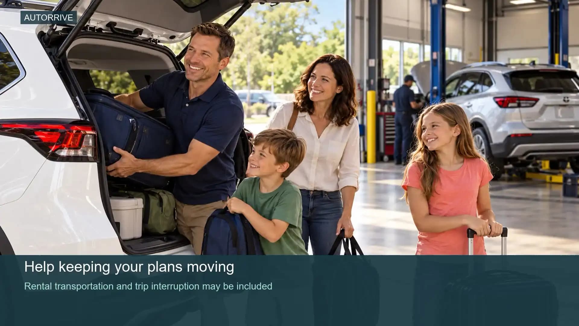Family loading a rental car while their vehicle is repaired