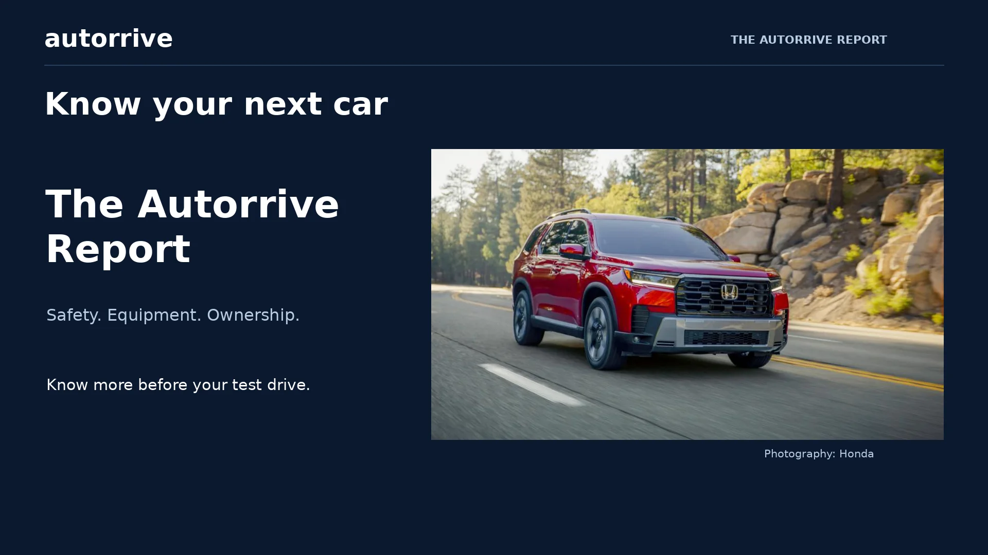 Honda manufacturer photograph of a red Pilot beside the Autorrive Report title and safety, equipment and ownership topics.