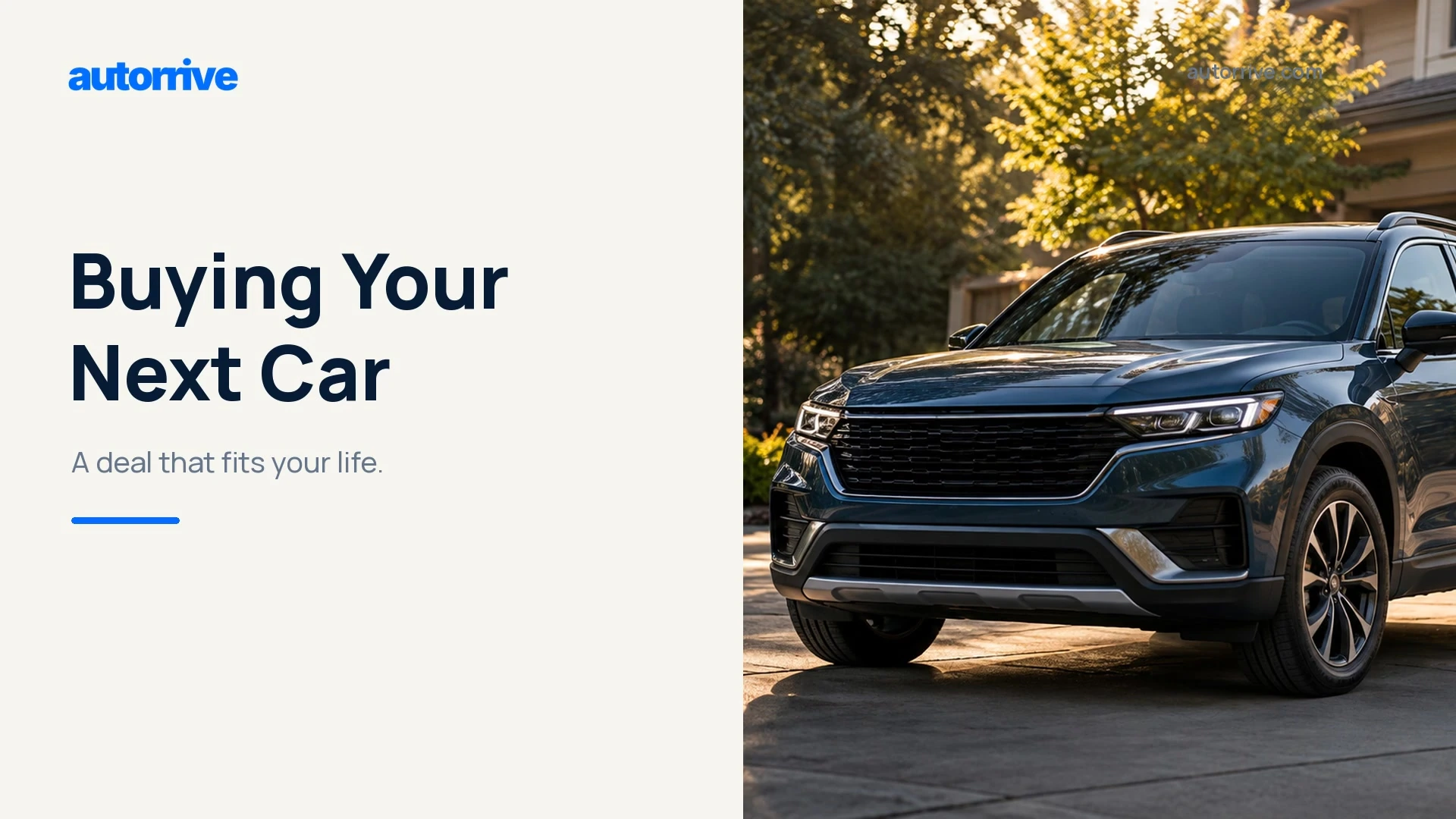 A dark blue crossover parked on a driveway beside the title Buying Your Next Car.