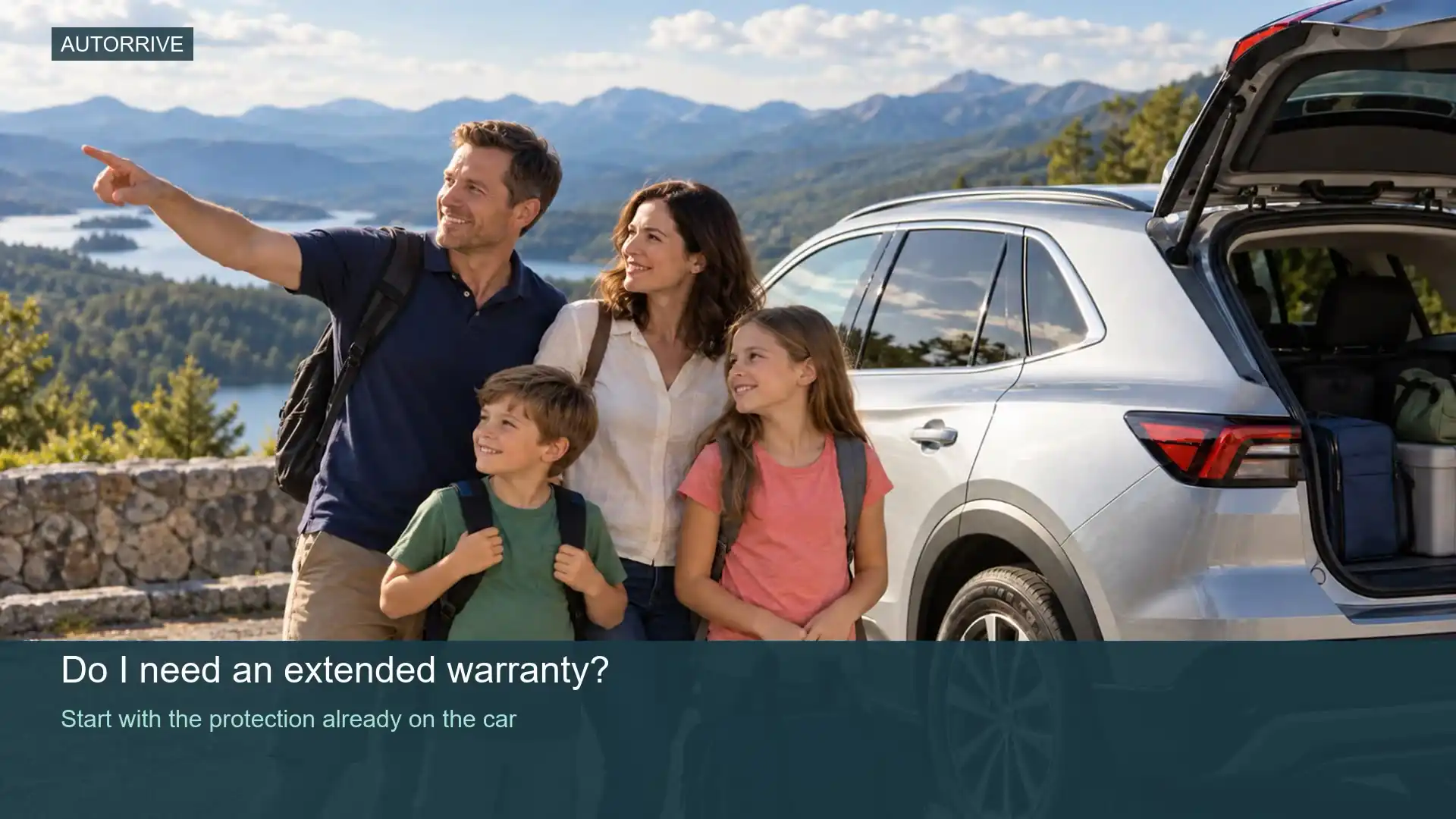 Father pointing out mountain scenery while his family enjoys a vacation beside their parked crossover