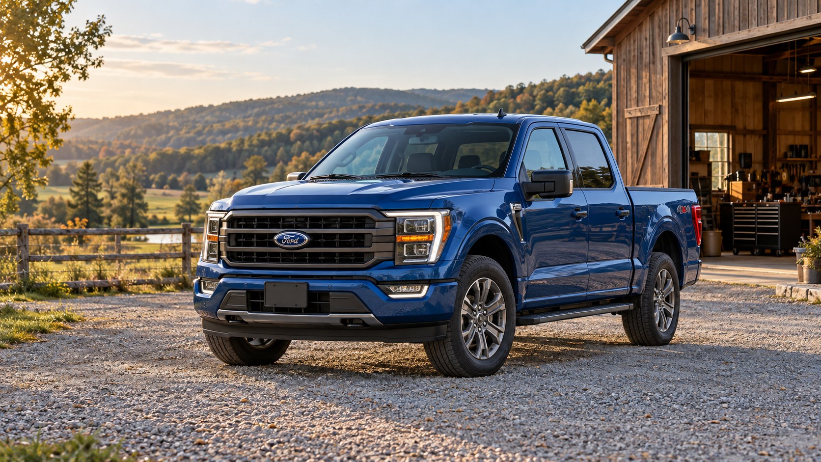 Illustration of a blue Ford F-150 near a rural workshop.