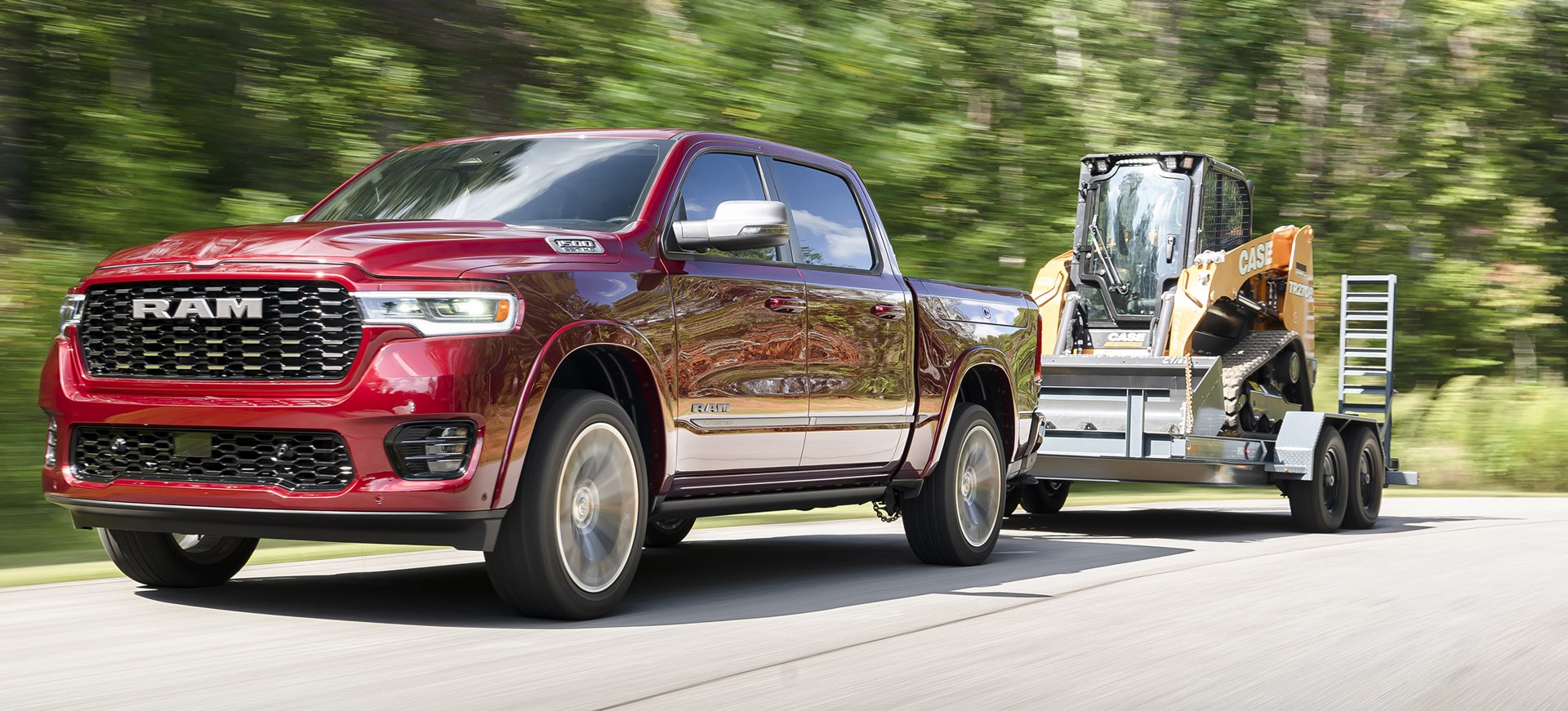 Red Ram 1500 towing equipment on a flatbed trailer in Ram manufacturer photography.