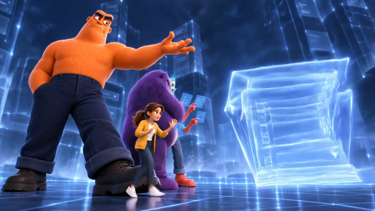 Animated shopper facing a towering vehicle options menu beside orange and purple monsters in Autorrive's Extended Cut.