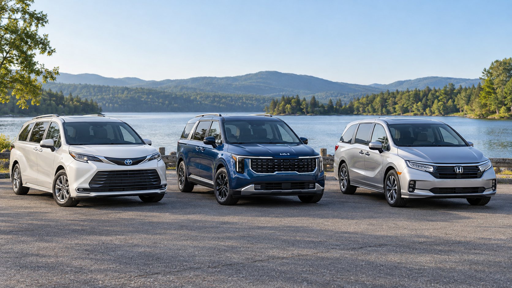 Illustration of a white Toyota Sienna, blue Kia Carnival and silver Honda Odyssey facing forward at a lakeside overlook.