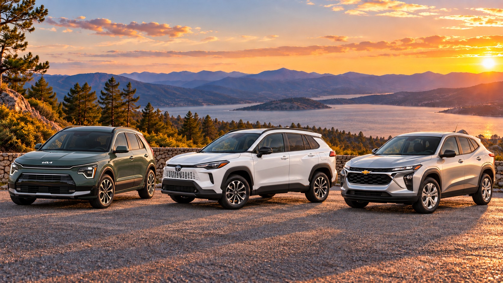 Illustration of a green Kia Niro Hybrid, white Toyota Corolla Cross Hybrid and silver Chevrolet Trax at a lakeside overlook at sunset.