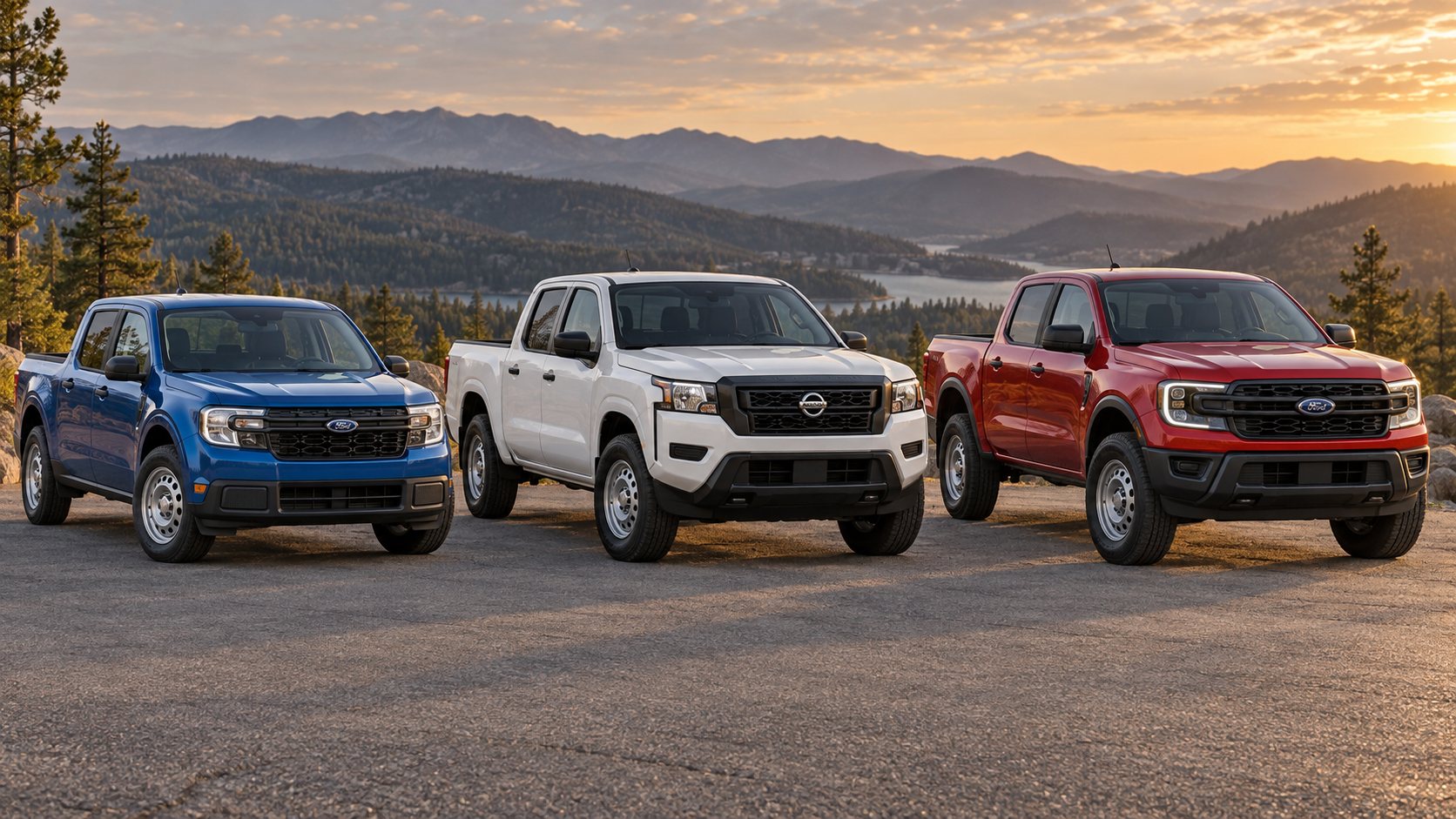 Illustration of a blue Ford Maverick, white Nissan Frontier and red Ford Ranger facing forward at a mountain overlook.