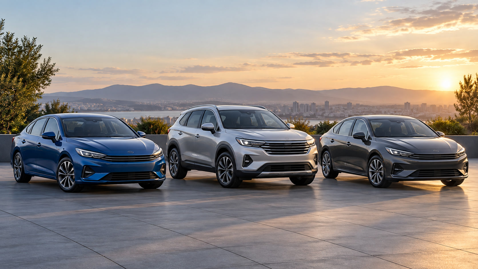 Illustration of a blue sedan, silver crossover and charcoal sedan parked side by side at sunset for a new, used and certified pre-owned car comparison.