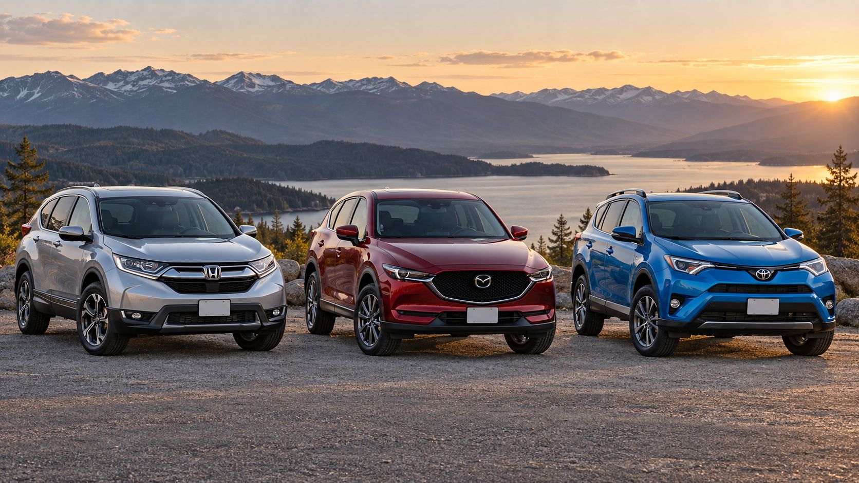 Illustration of a silver Honda CR-V, red Mazda CX-5 and blue Toyota RAV4 facing forward at a lakeside mountain overlook.