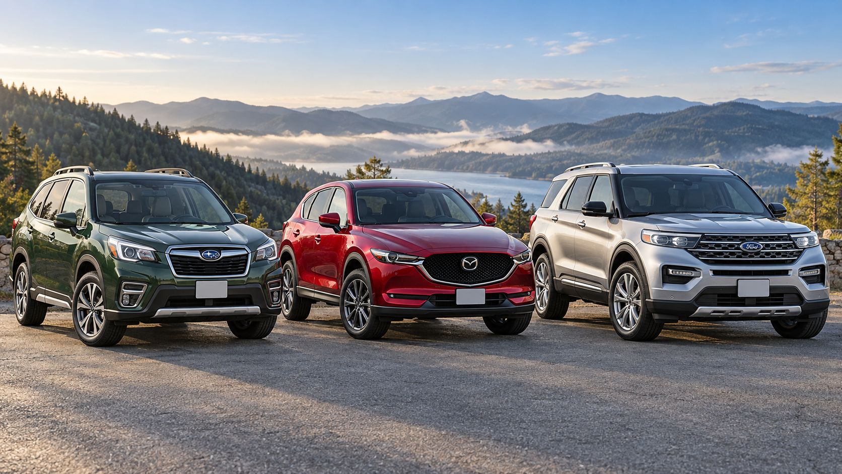 Illustration of a green Subaru Forester, red Mazda CX-5 and silver Ford Explorer facing forward at a mountain overlook.